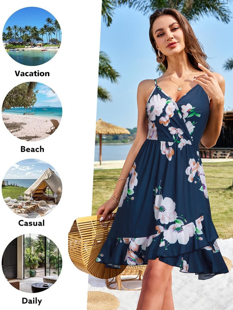 ULTRANICE Summer Dress Womens Sundress Spring Trendy Floral Flowy Wrap Dresses Casual Sun Beach Vacation Outfits Clothes V Neck Spaghetti Strap Dresses(Blue White Pink Floral,XL) - Image 2